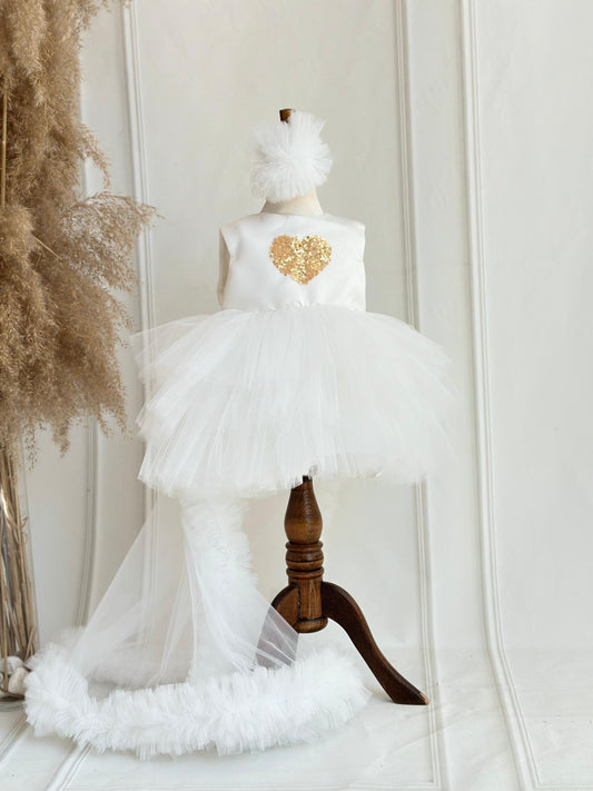 Gold Heart Sequin Detachable Train Party Dress - White