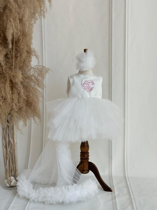 Pink Heart Sequin Detachable Train Party Dress - White