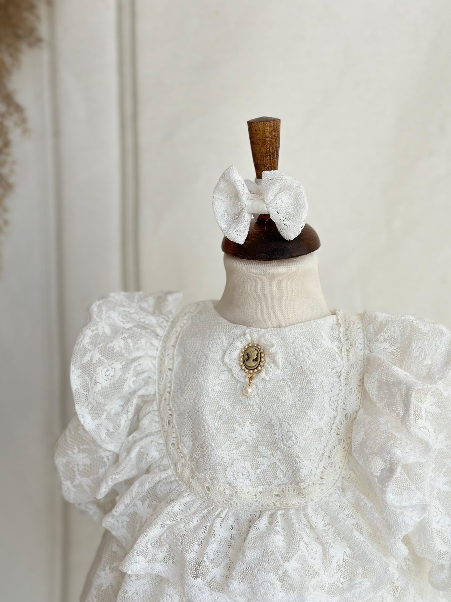 Vintage Lace Christening Dress with Brooch Detail - White