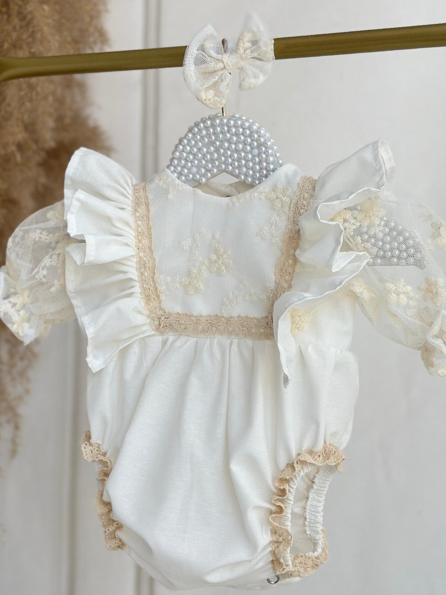 Vintage Lace Baby Romper - Cream