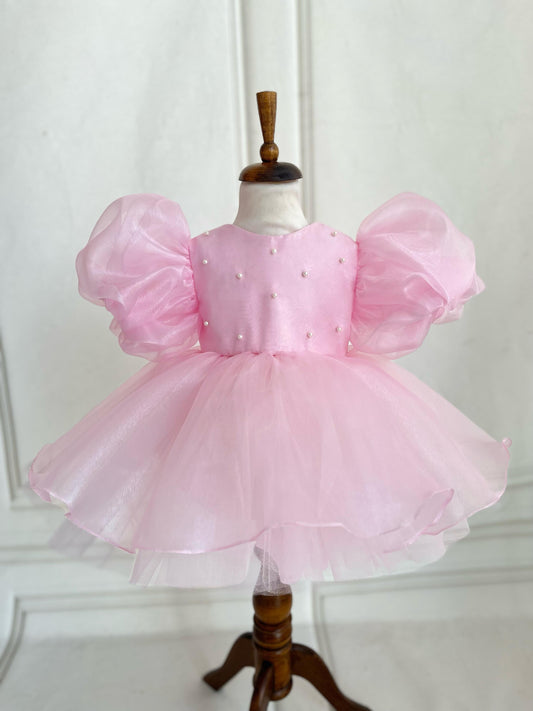 Pearl Balloon Sleeve Tulle Party Dress - Pink