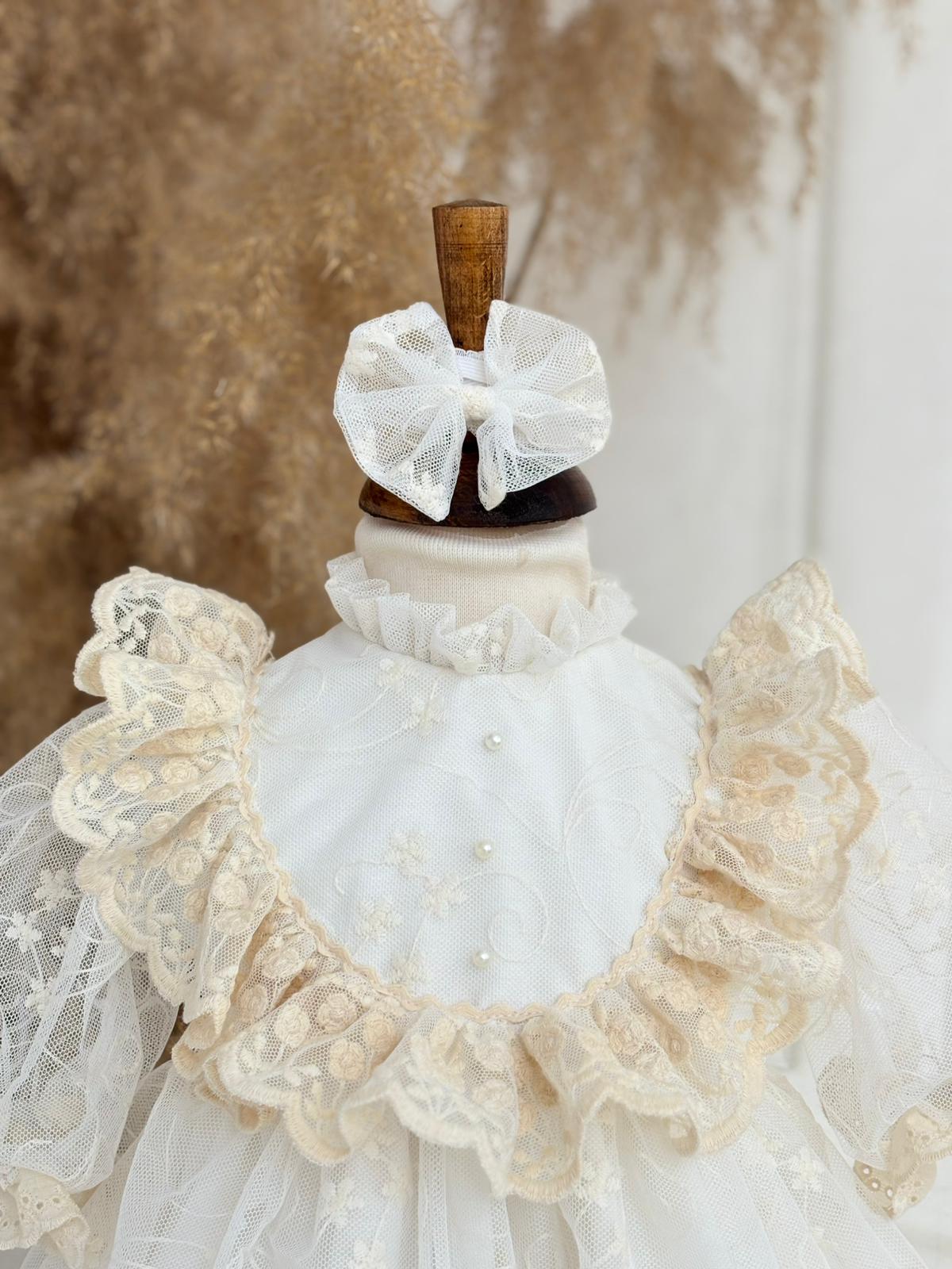 Cream Lace Baby Dress – Pearl Embellished, Ruffled Vintage Special Occasion Dress for Baby Girls