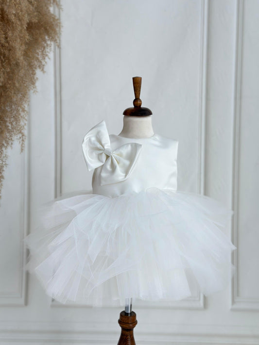 Cotton Satin Party Dress with Bow - White