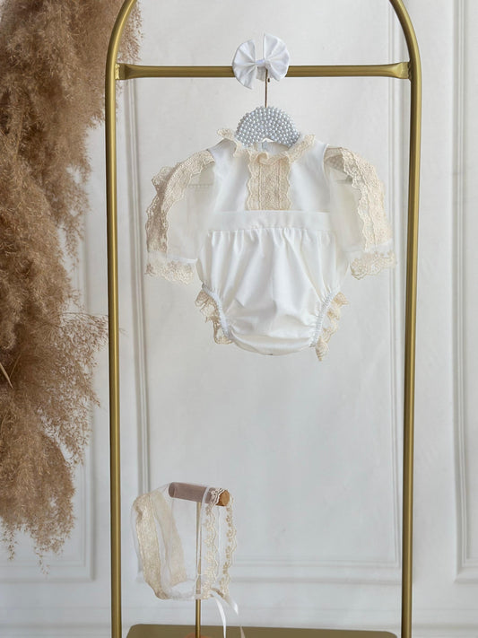 Vintage Linen Romper Set - Cream