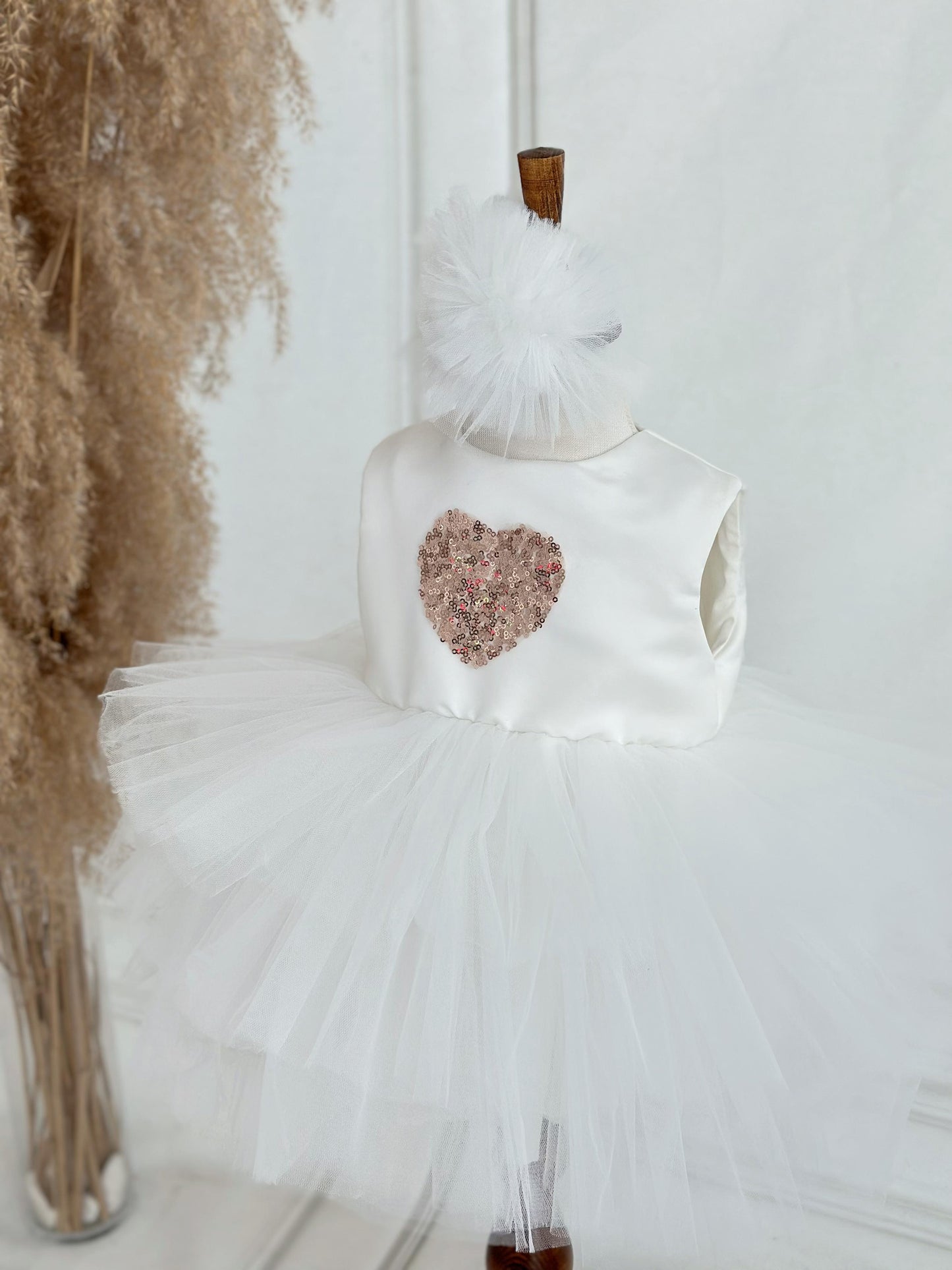 Brown Heart Sequin Detachable Train Party Dress - White