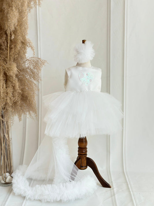 White Heart Sequin Detachable Train Party Dress - White