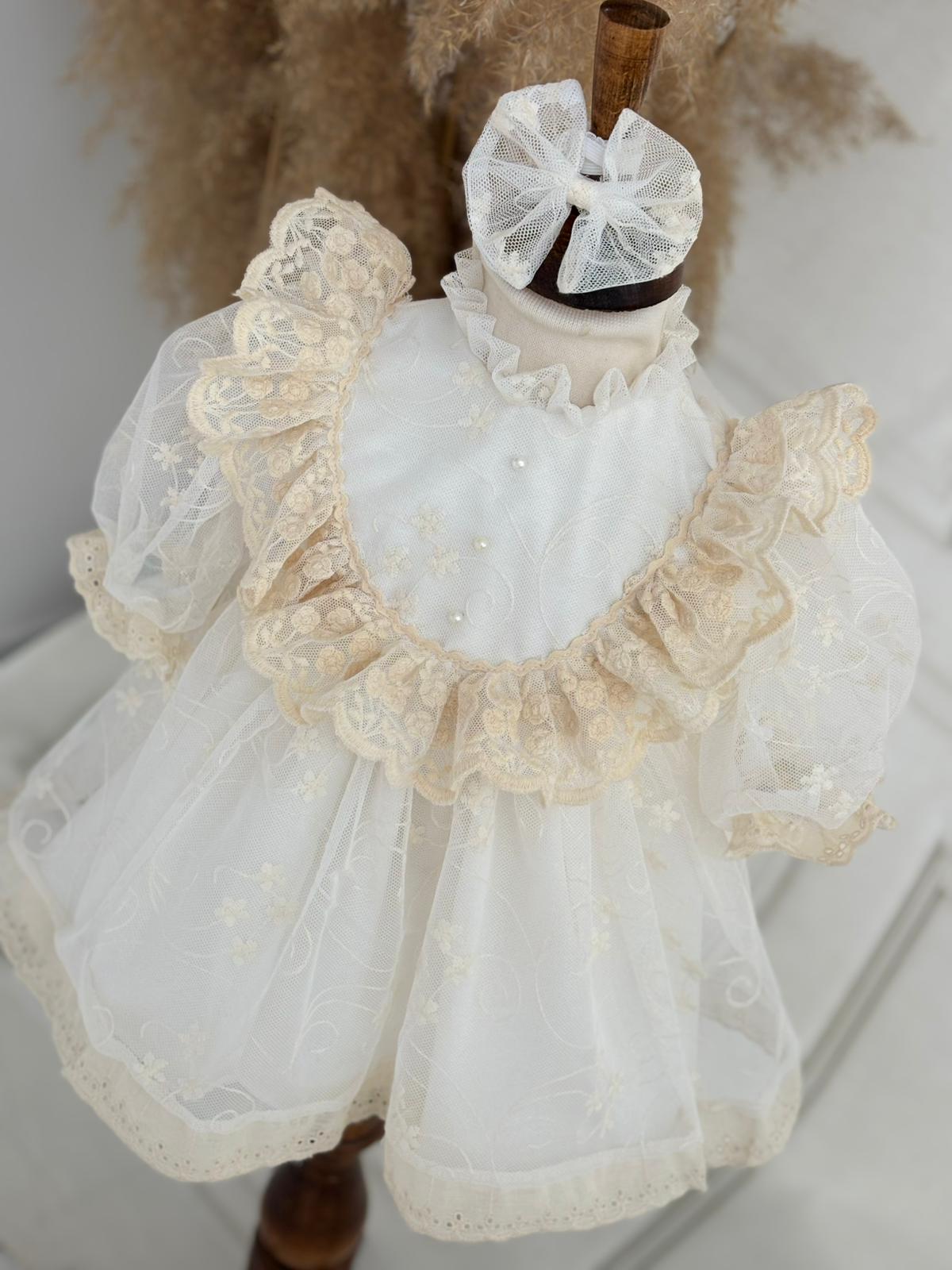 Cream Lace Baby Dress – Pearl Embellished, Ruffled Vintage Special Occasion Dress for Baby Girls