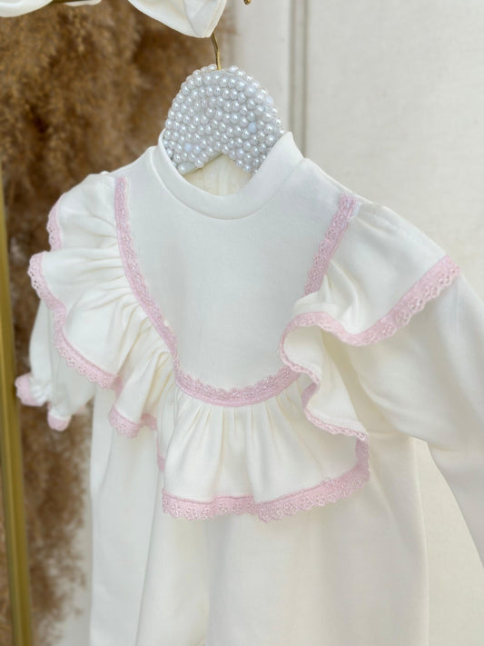 Pink Lace Romper Set - White