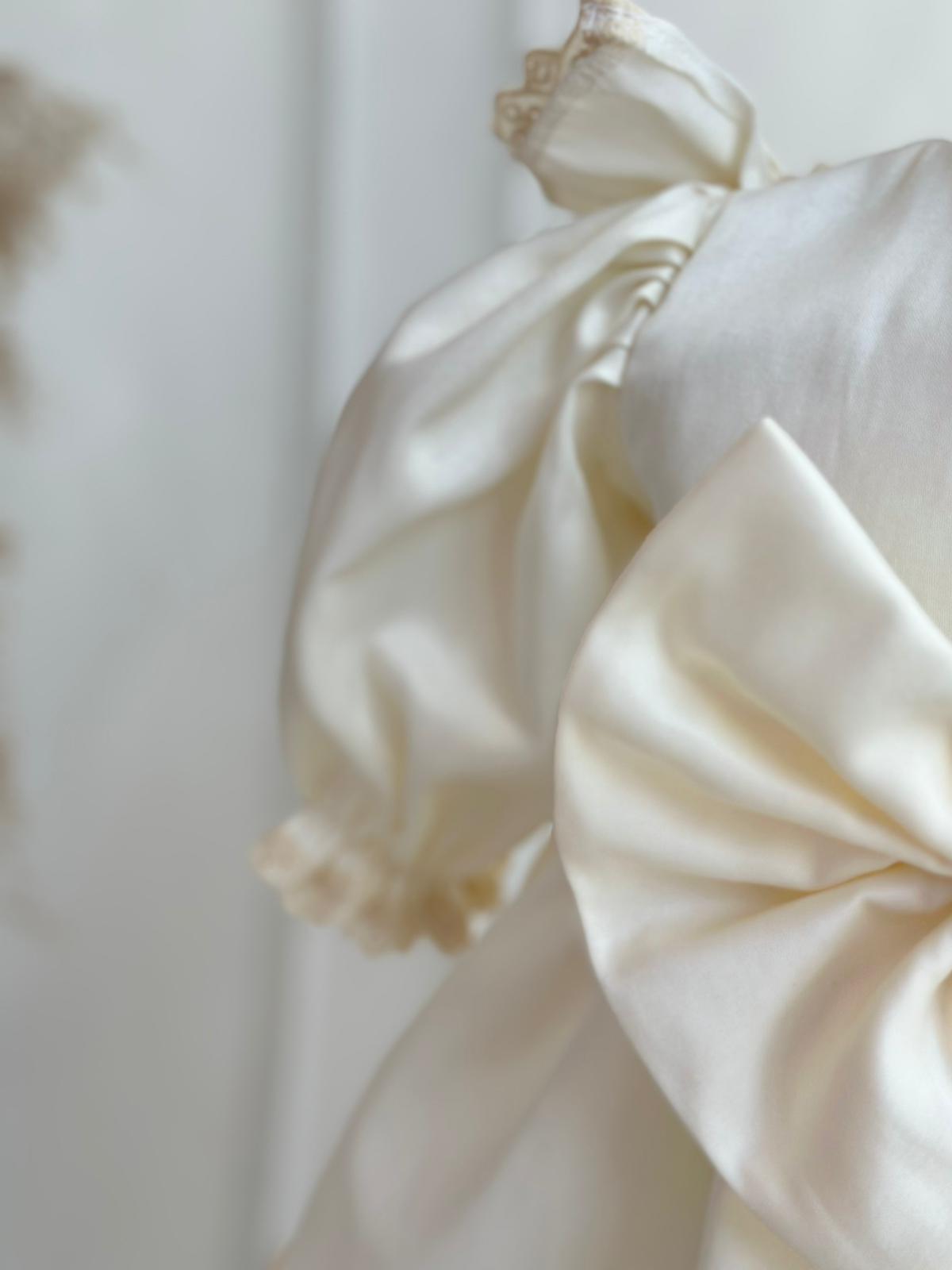 Lace-Trimmed Ruffle Hem Baptism Dress - Cream