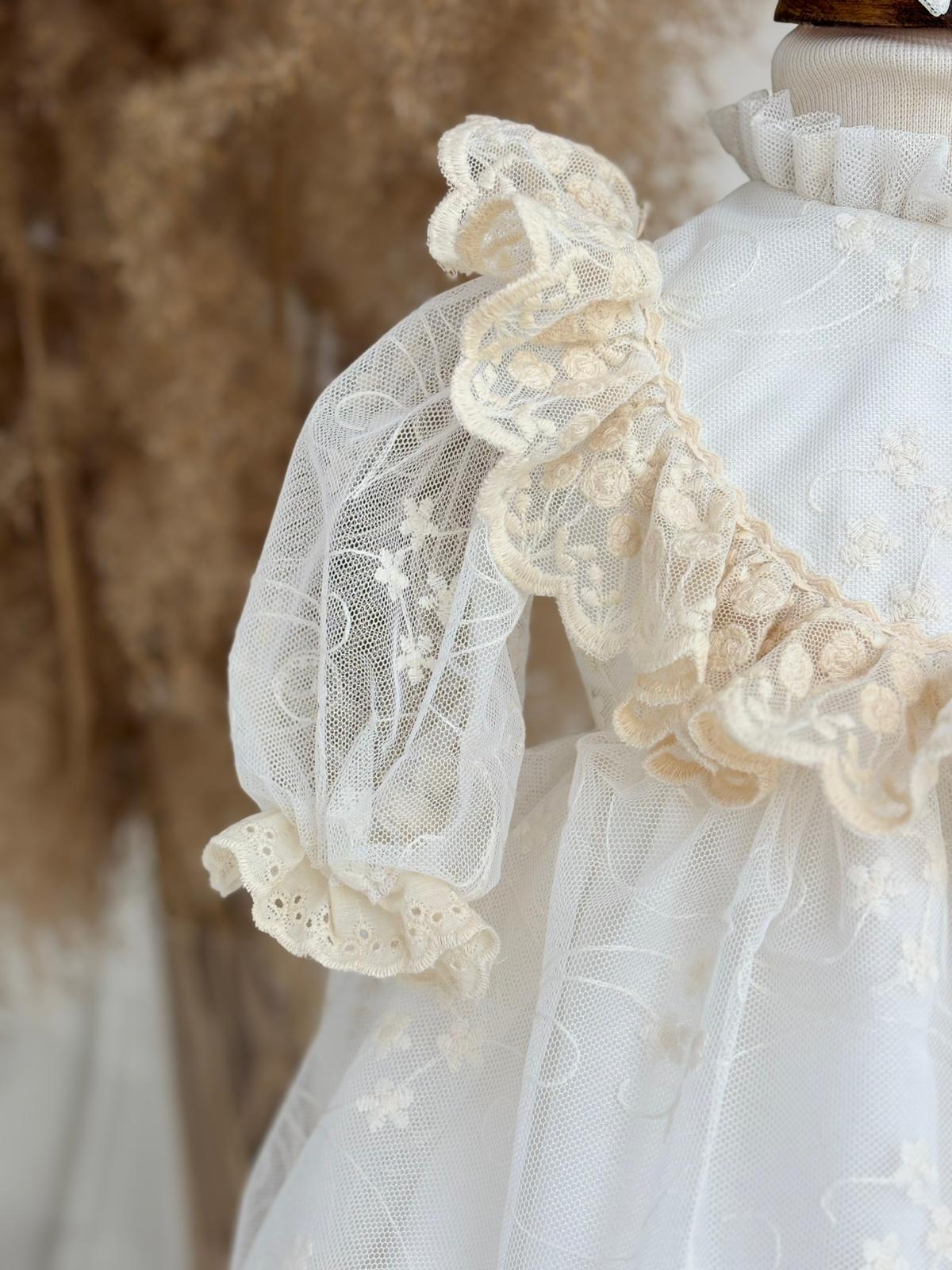 Cream Lace Baby Dress – Pearl Embellished, Ruffled Vintage Special Occasion Dress for Baby Girls