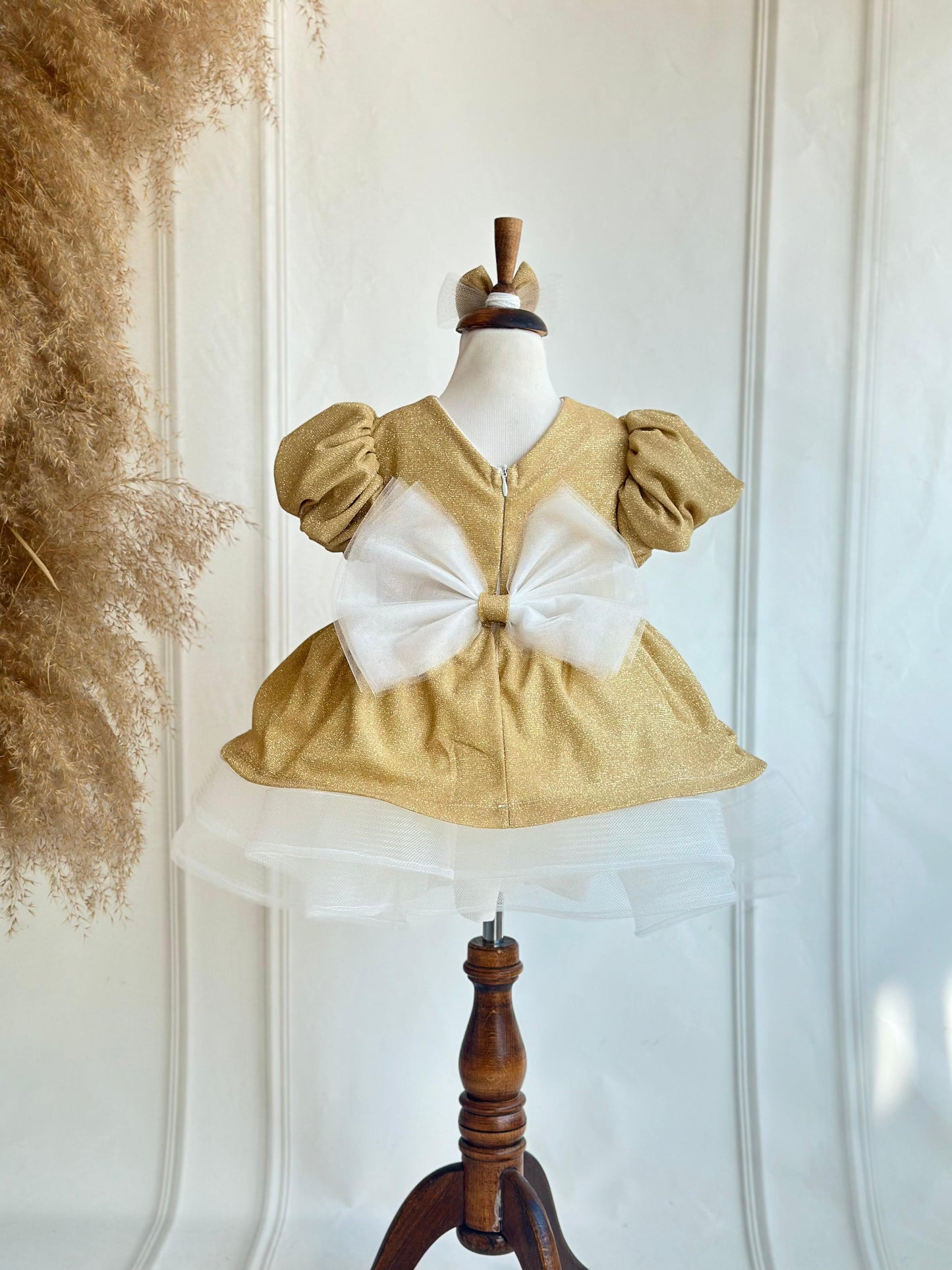 Gold Glitter Puffy Party Dress - Gold