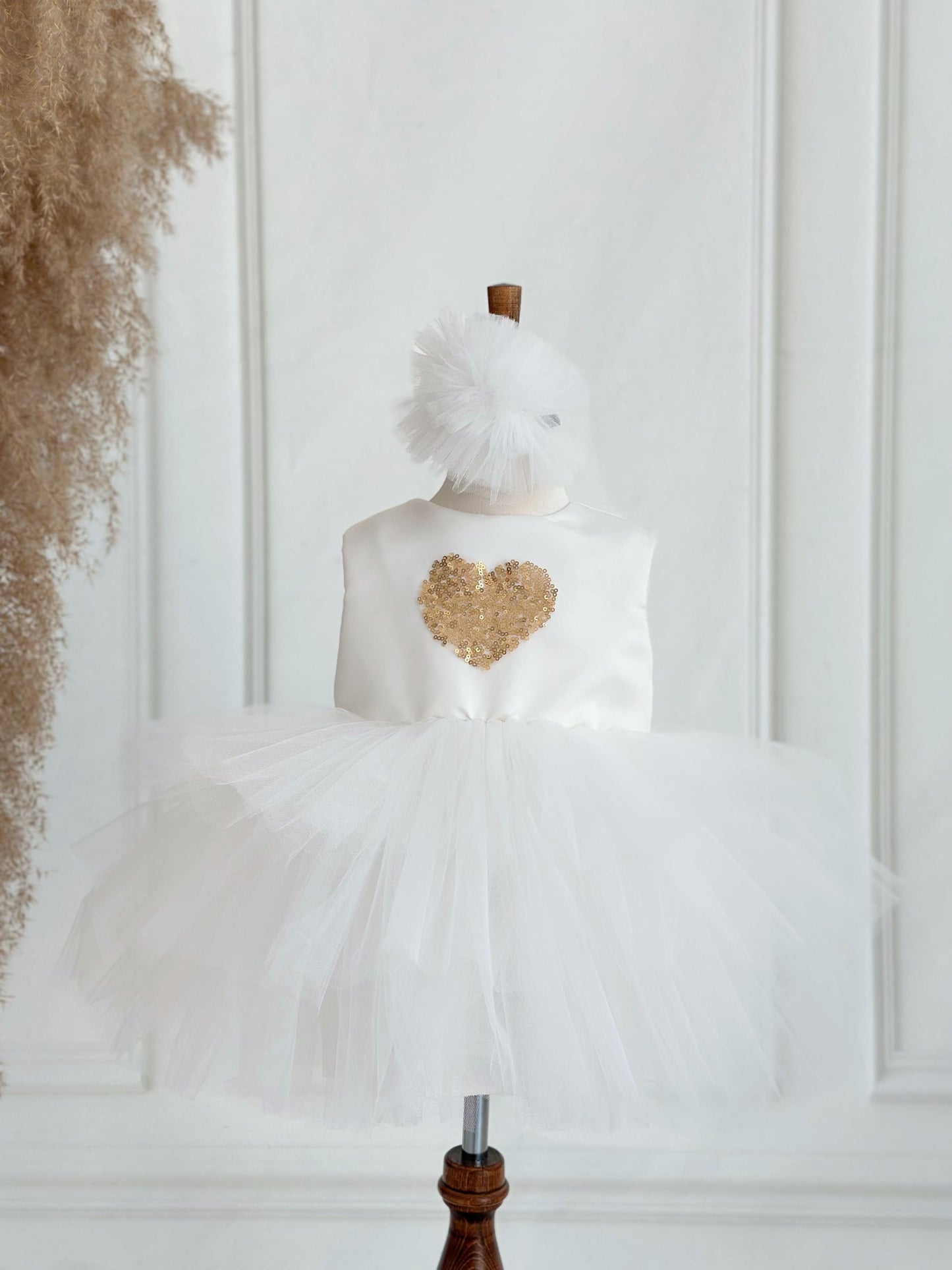 Gold Heart Sequin Detachable Train Party Dress - White