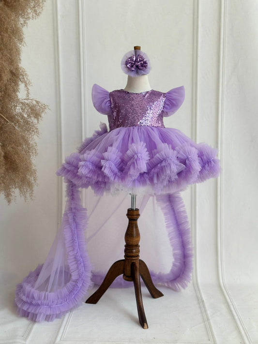 Sequin Detachable Train Party Dress - Purple