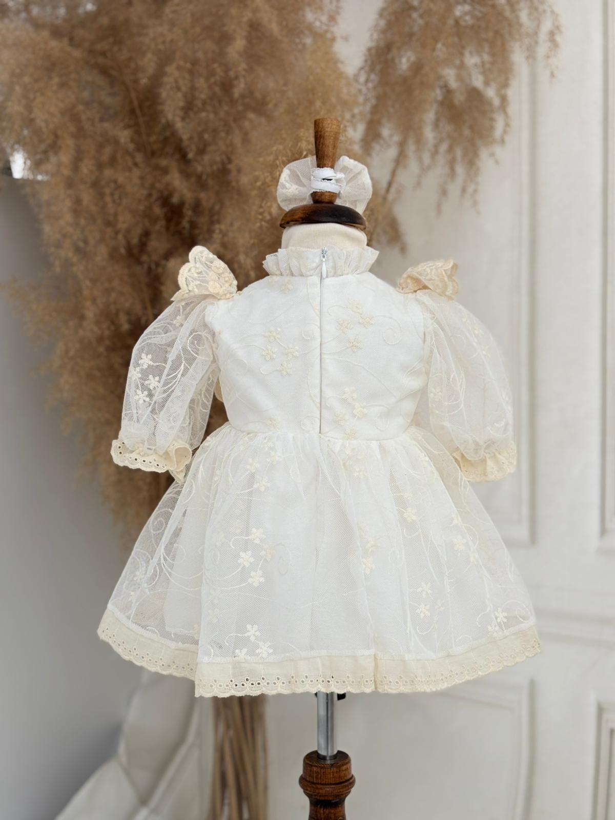 Cream Lace Baby Dress – Pearl Embellished, Ruffled Vintage Special Occasion Dress for Baby Girls
