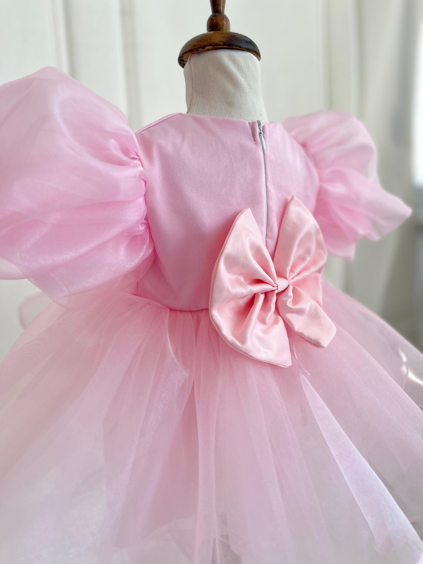 Pearl Balloon Sleeve Tulle Party Dress - Pink