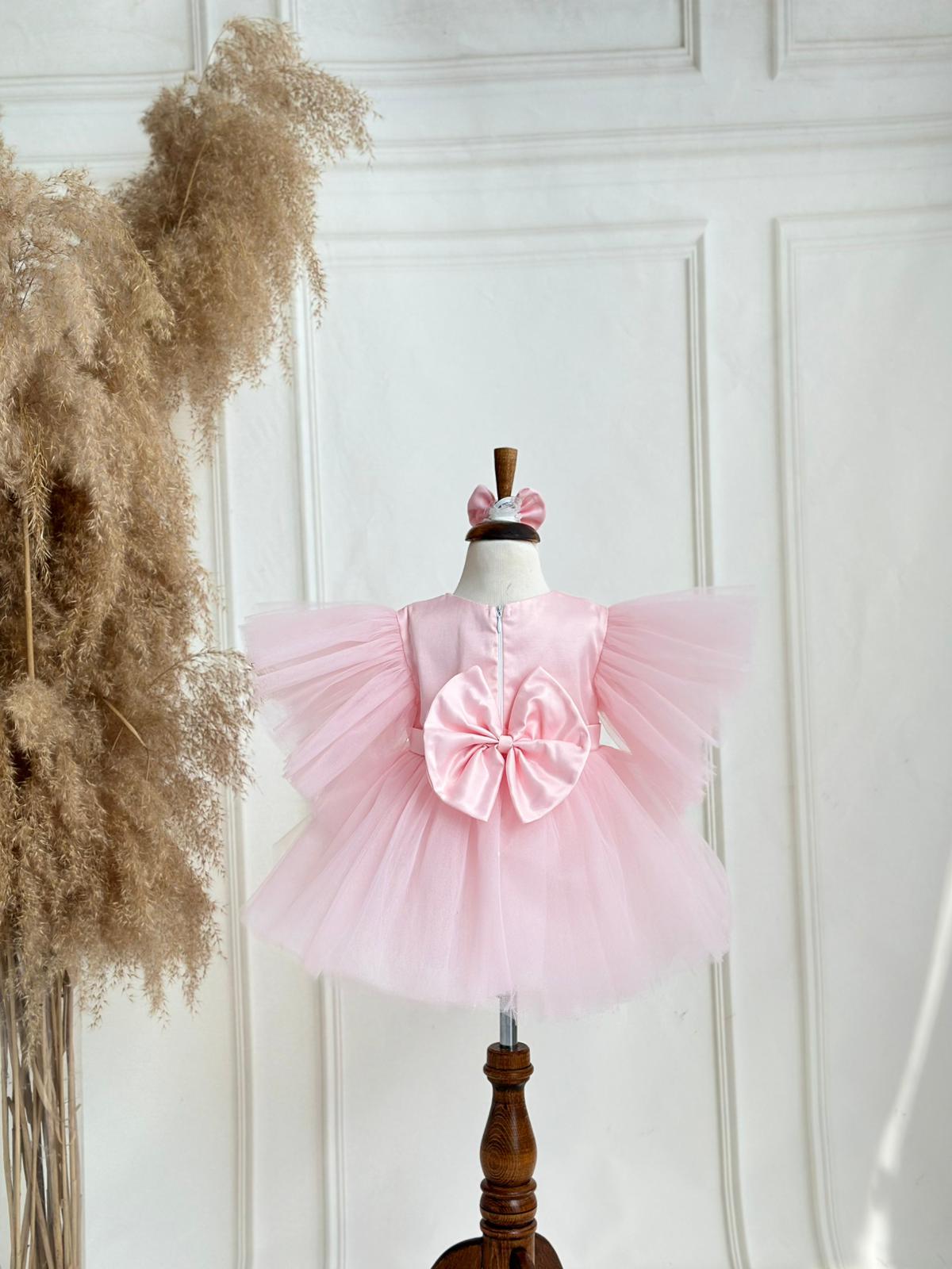 Tulle-Sleeved Puffy Party Dress - Pink