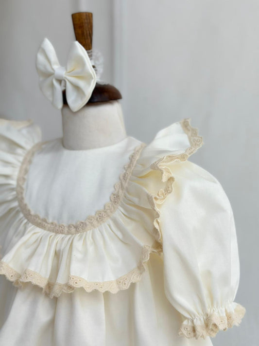 Lace-Trimmed Ruffle Hem Baptism Dress - Cream