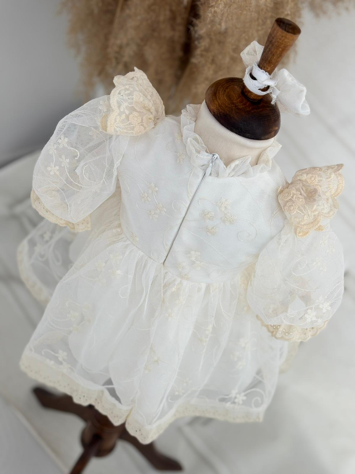 Cream Lace Baby Dress – Pearl Embellished, Ruffled Vintage Special Occasion Dress for Baby Girls