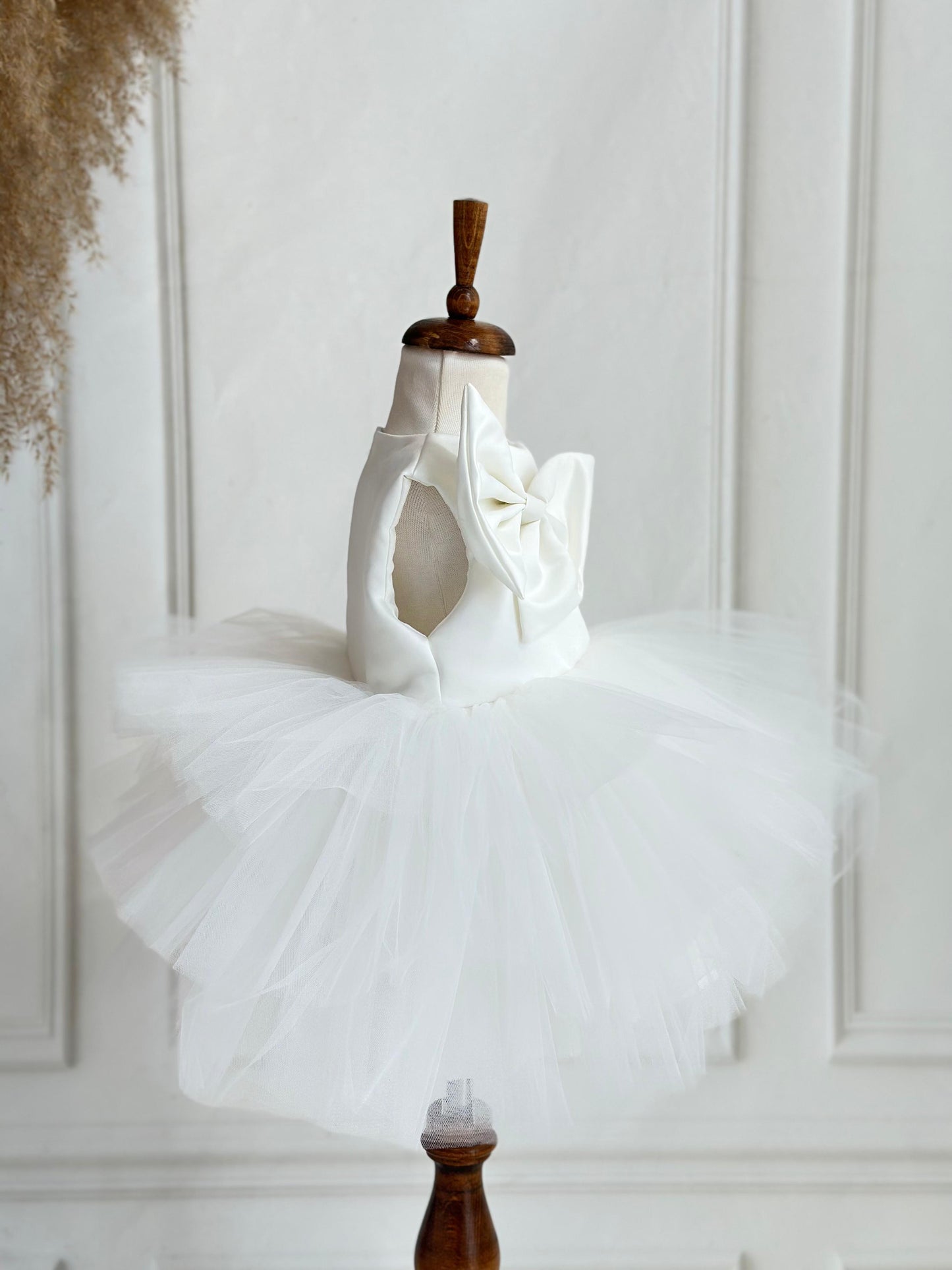 Cotton Satin Party Dress with Bow - White