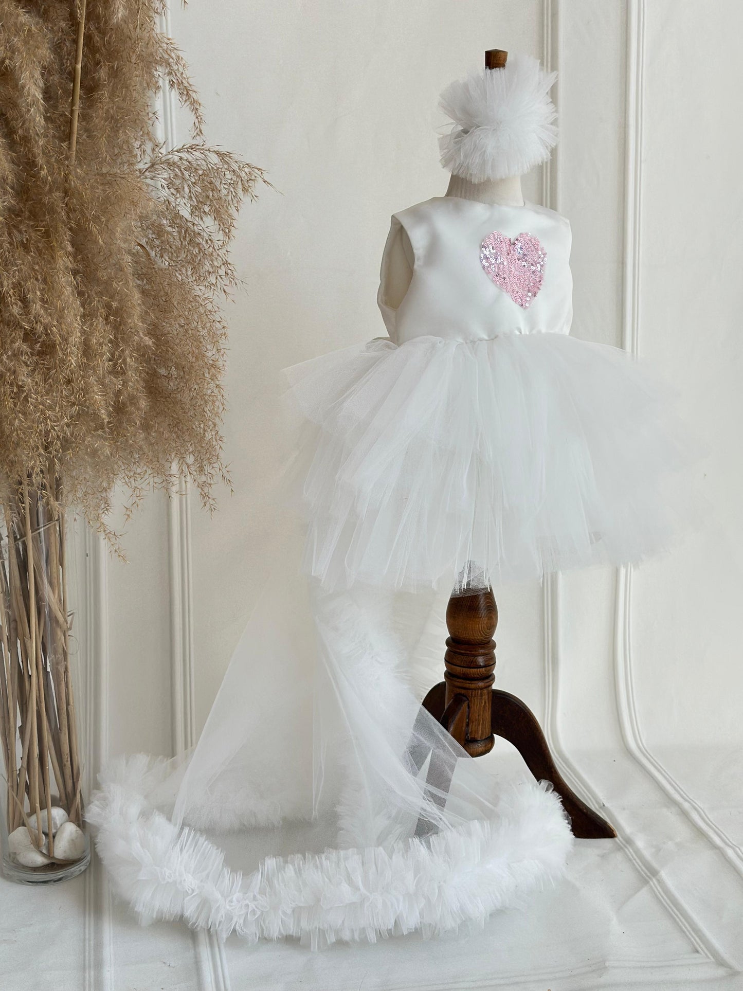 Pink Heart Sequin Detachable Train Party Dress - White