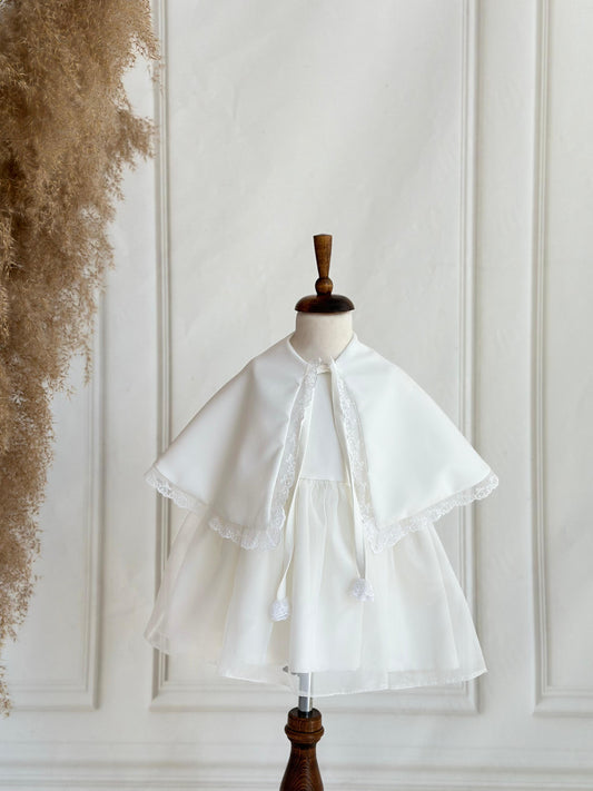 Crepe Fabric Cape Party Dress - White