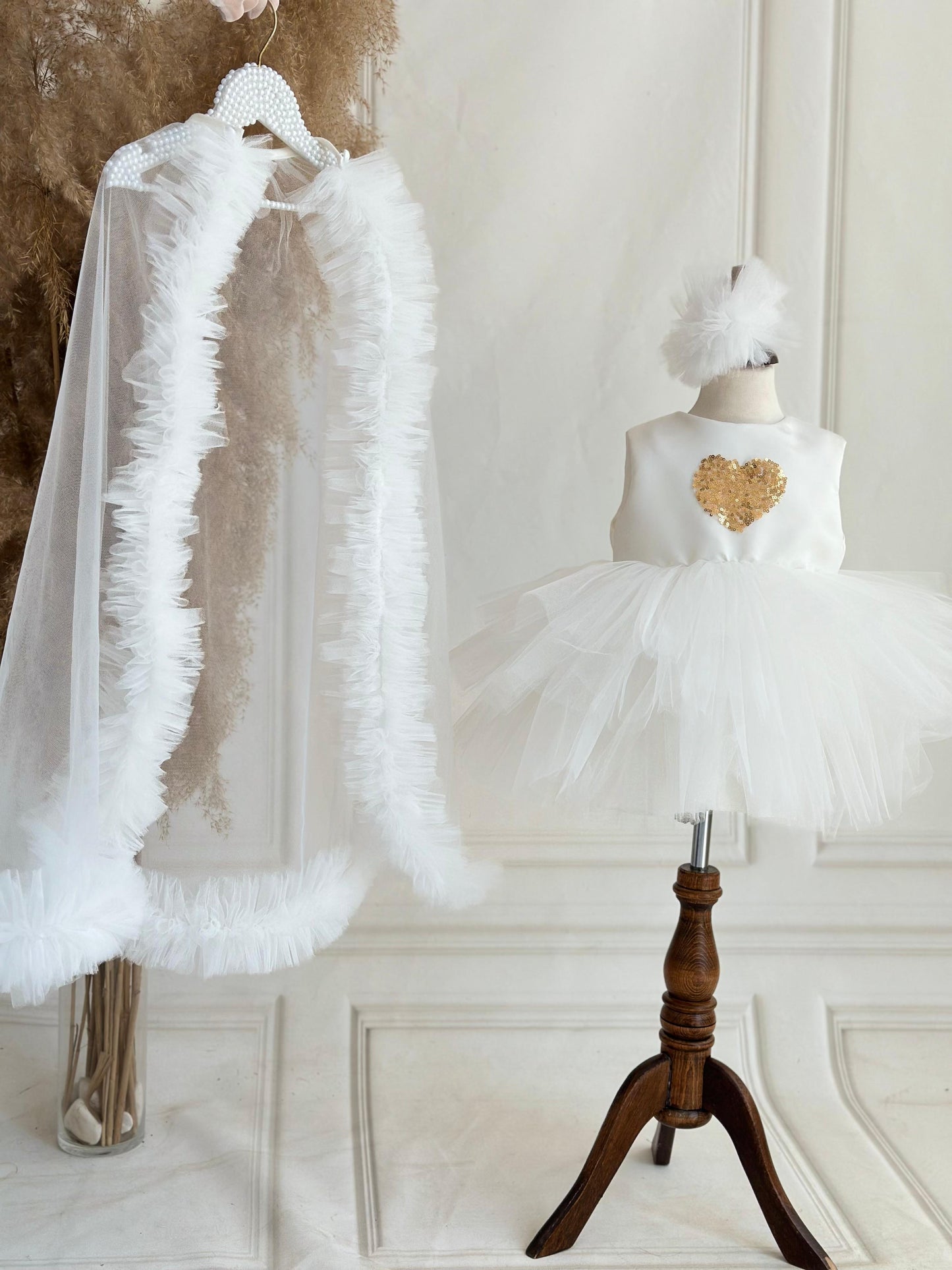 Gold Heart Sequin Detachable Train Party Dress - White