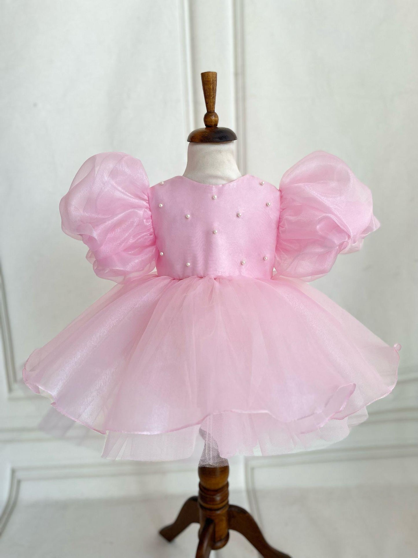 Pearl Balloon Sleeve Tulle Party Dress - Pink