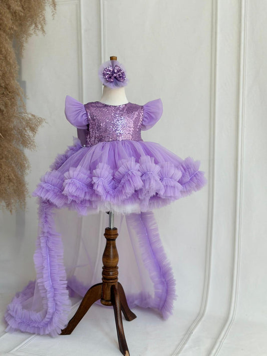 Sequin Detachable Train Party Dress - Purple