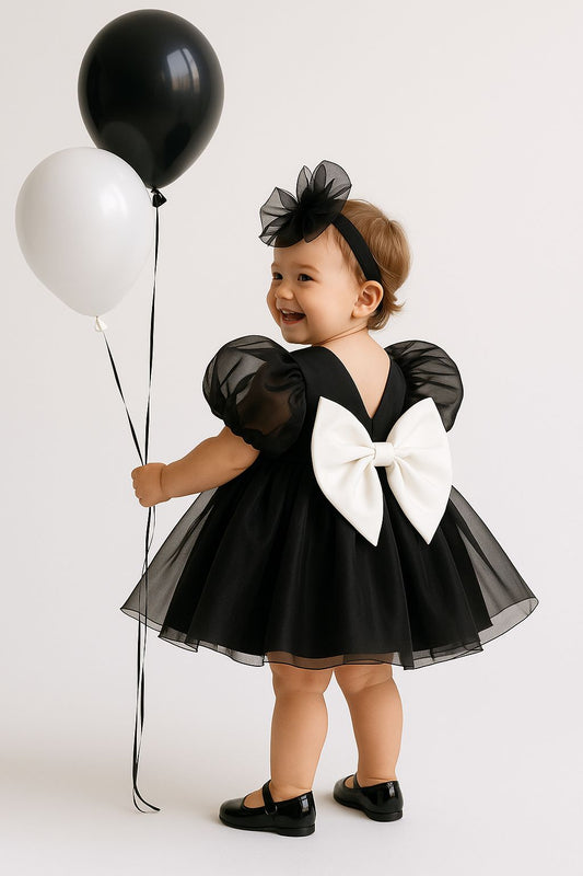 Black Organza Puffy Baby & Toddler Dress – With Large Bow Detail
