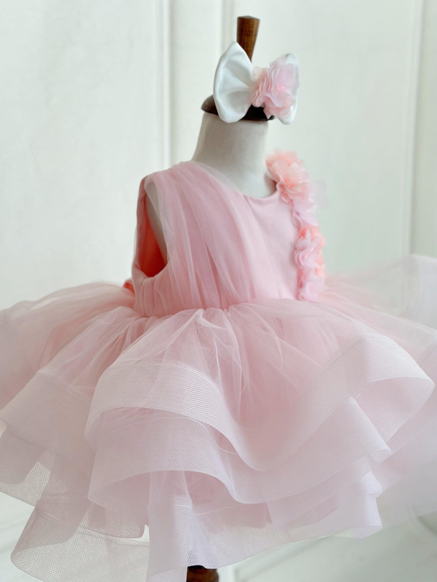 Cotton Satin One-Shoulder Floral Party Dress - Pink