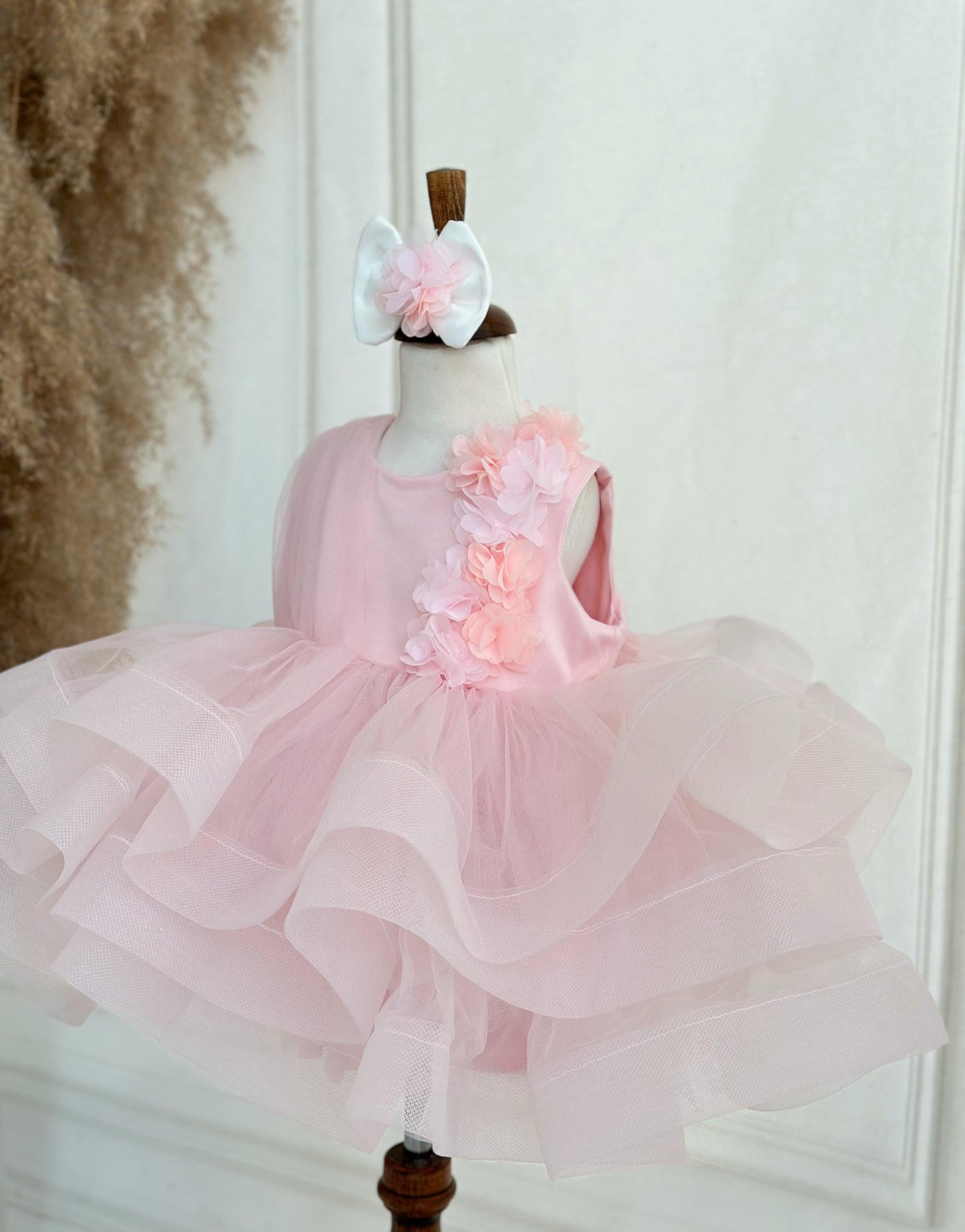 Cotton Satin One-Shoulder Floral Party Dress - Pink