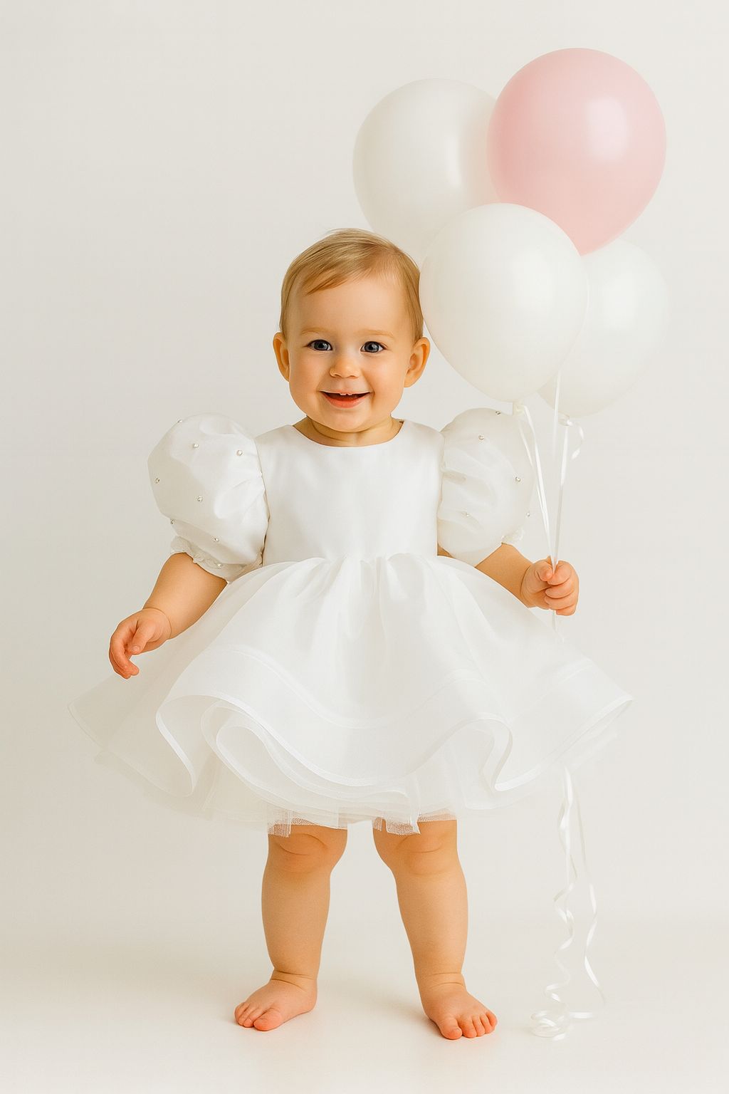White Pearl Puff Sleeve Tulle Dress for Girls – Bow Back & Matching Headpiece