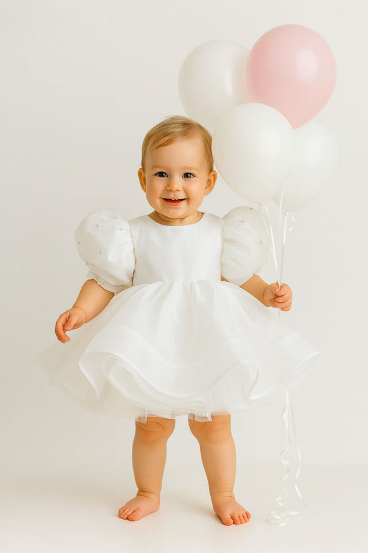 White Pearl Puff Sleeve Tulle Dress for Girls – Bow Back & Matching Headpiece