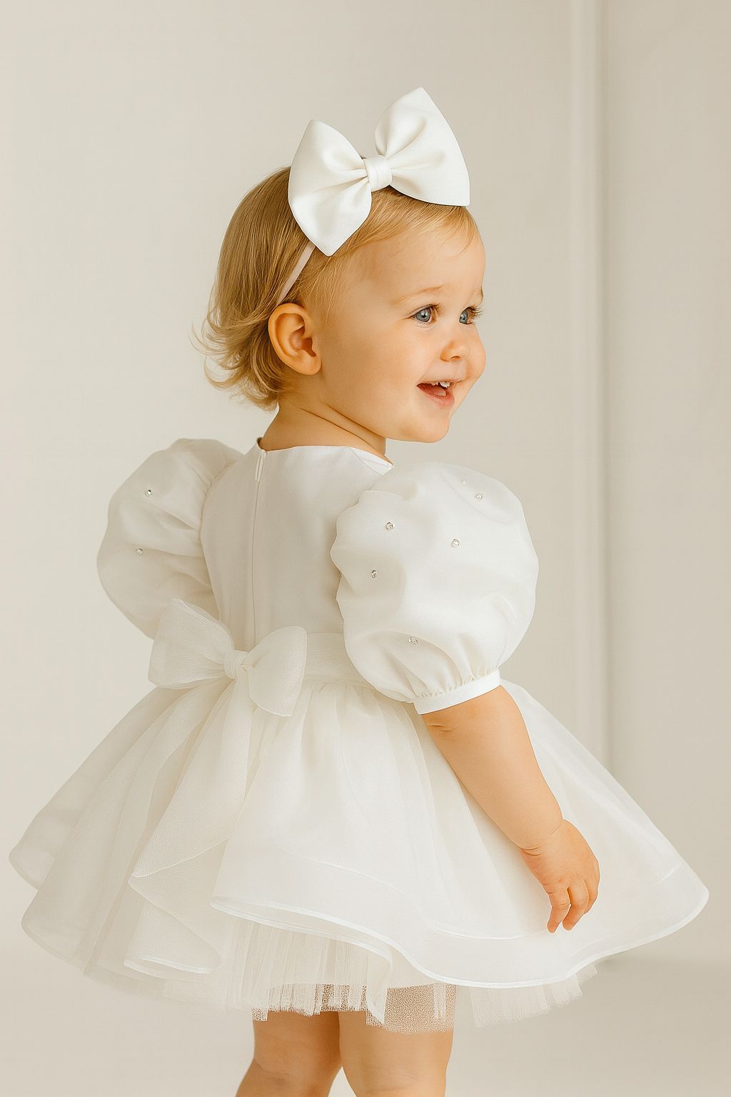White Pearl Puff Sleeve Tulle Dress for Girls – Bow Back & Matching Headpiece