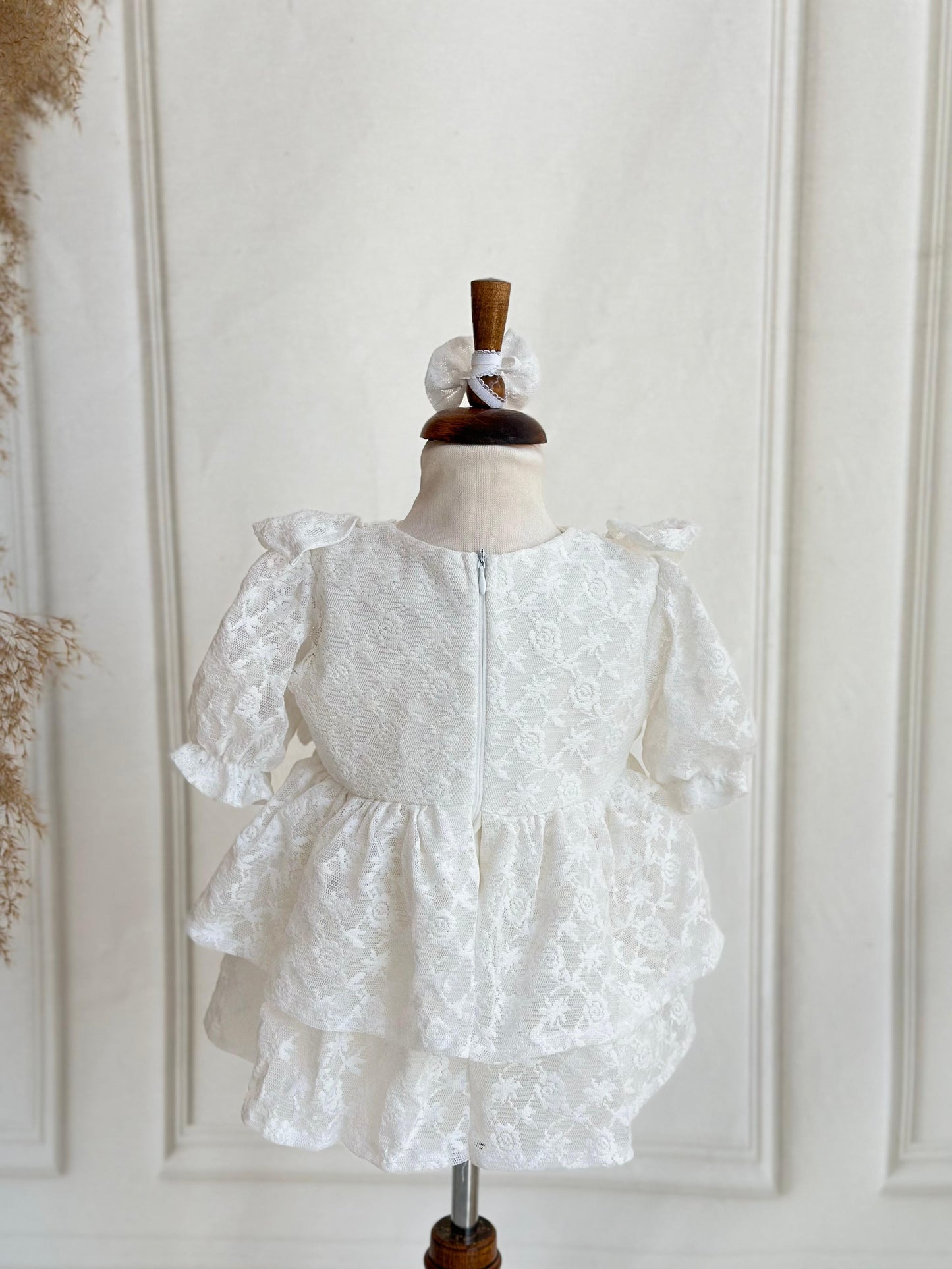 Vintage Lace Christening Dress with Brooch Detail - White