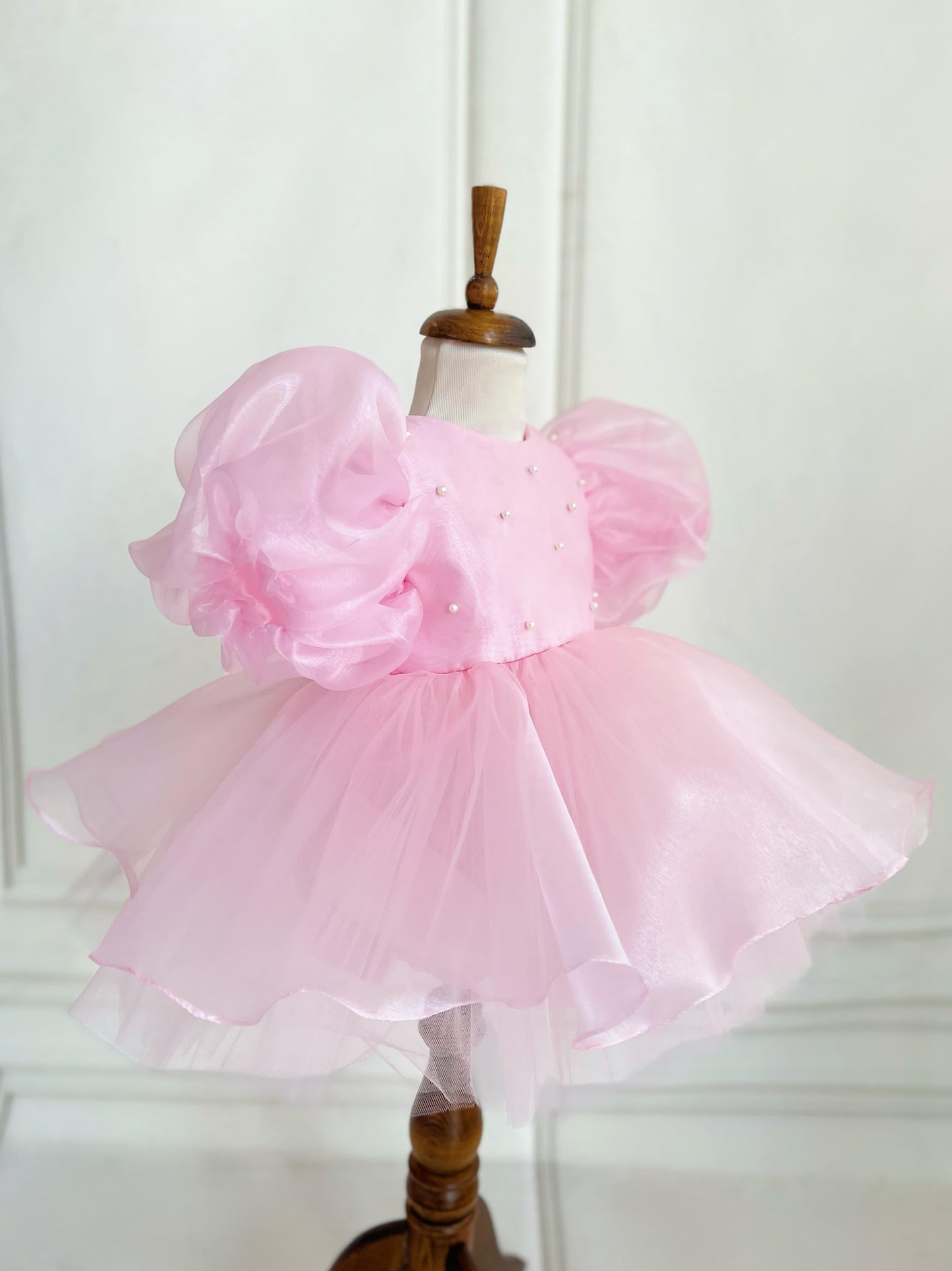 Pearl Balloon Sleeve Tulle Party Dress - Pink