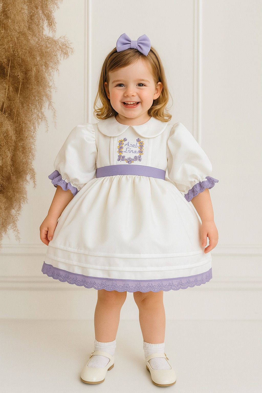 Elegant White Satin Baby Dress with Lilac Embroidery and Lace Trim | Personalized Baptism & Birthday Outfit
