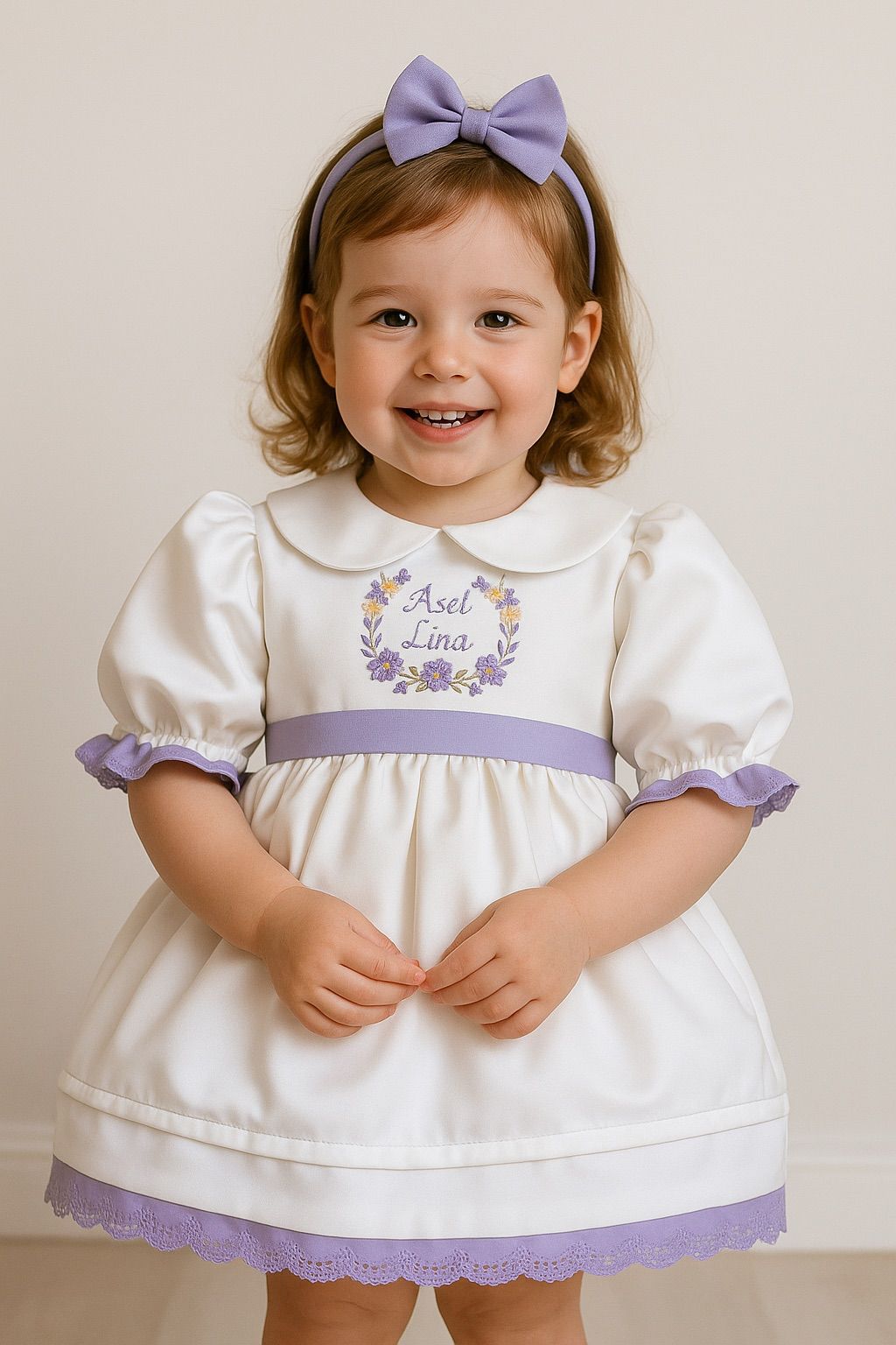 Elegant White Satin Baby Dress with Lilac Embroidery and Lace Trim | Personalized Baptism & Birthday Outfit