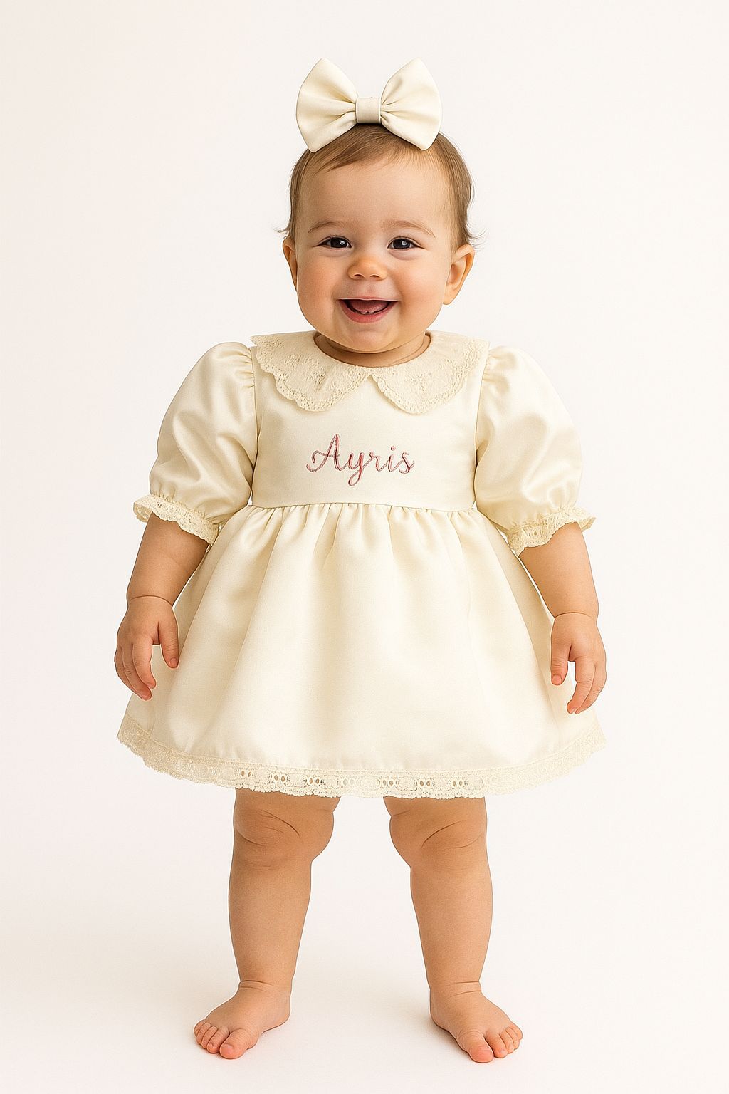 Luxury Personalized Baby Dress with Name Embroidery – Cream Satin Toddler & Girl Dress