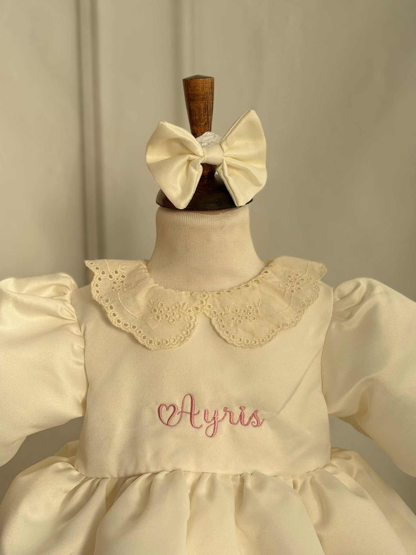 Luxury Personalized Baby Dress with Name Embroidery – Cream Satin Toddler & Girl Dress