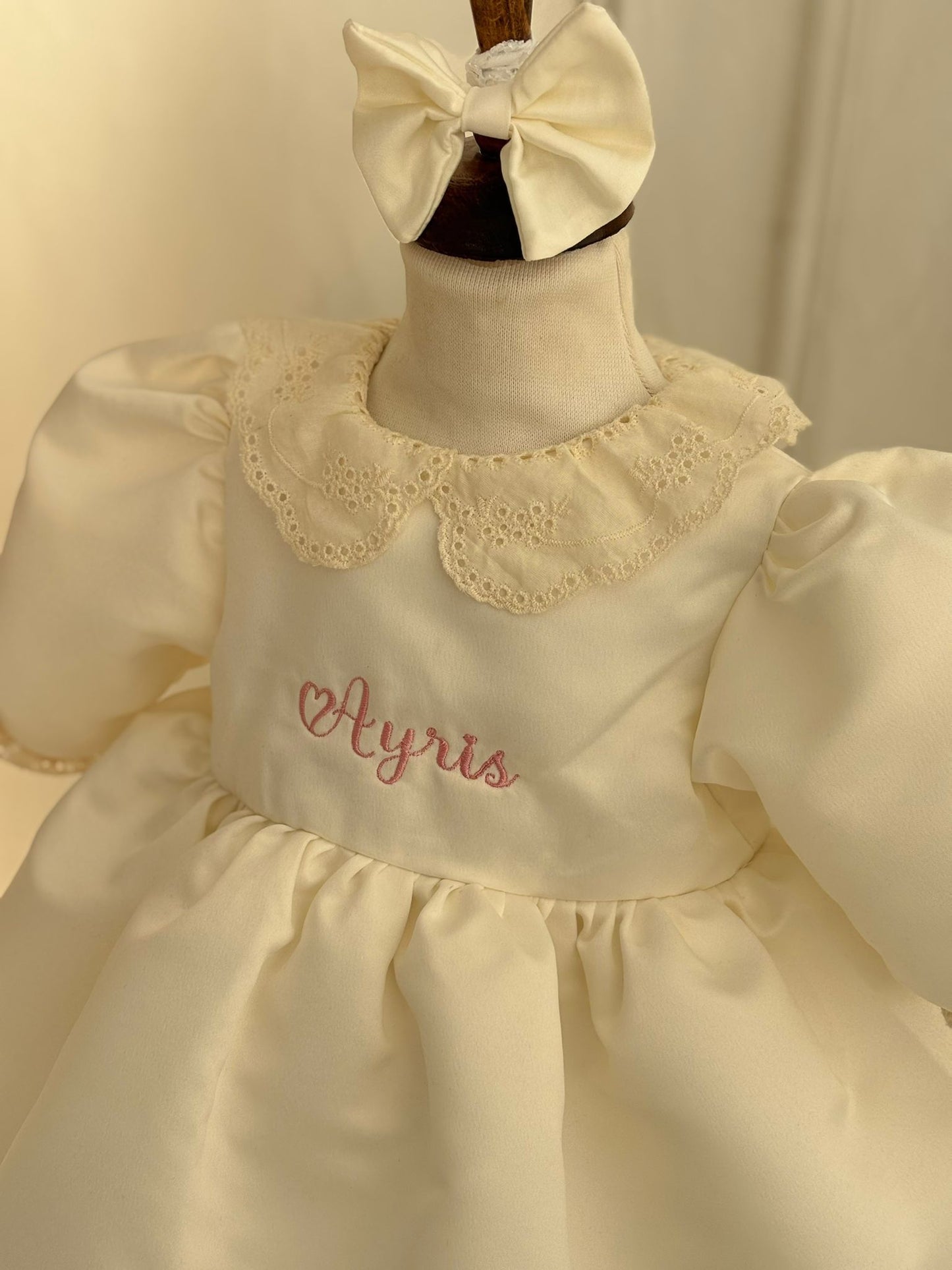 Luxury Personalized Baby Dress with Name Embroidery – Cream Satin Toddler & Girl Dress