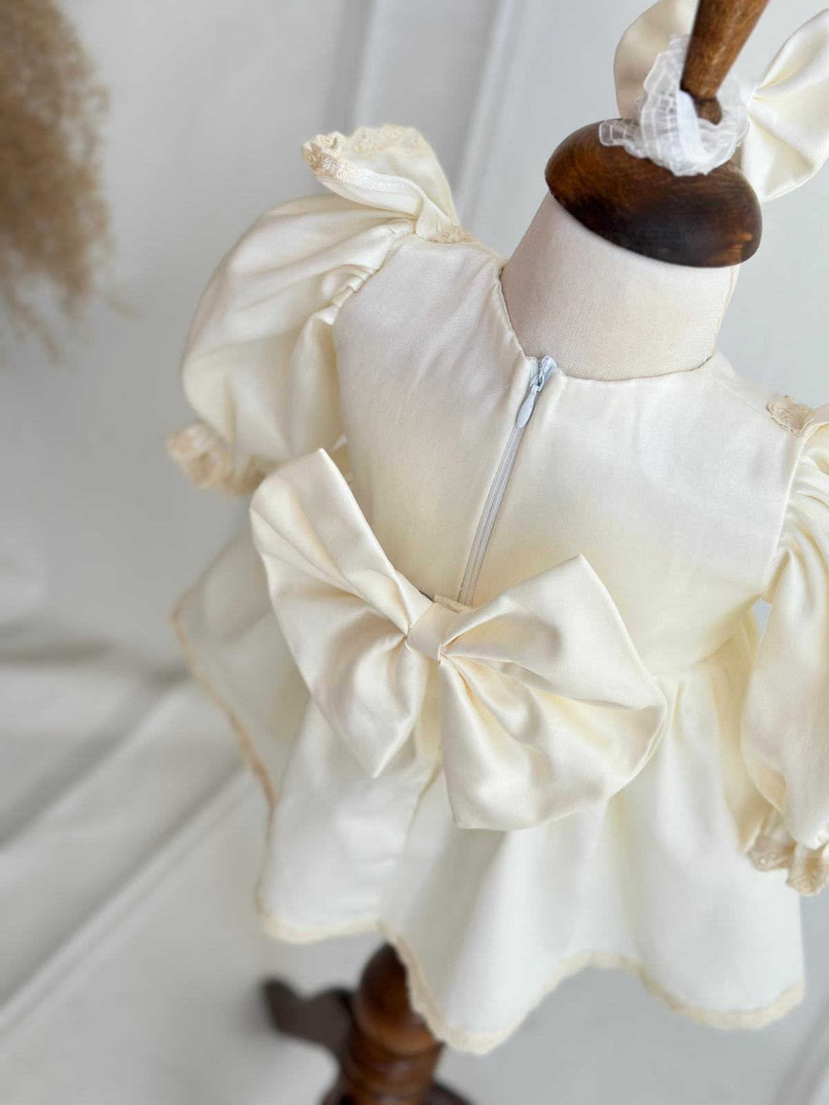 Lace-Trimmed Ruffle Hem Baptism Dress - Cream