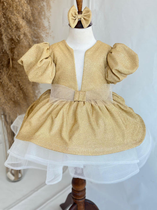 Gold Glitter Puffy Party Dress - Gold