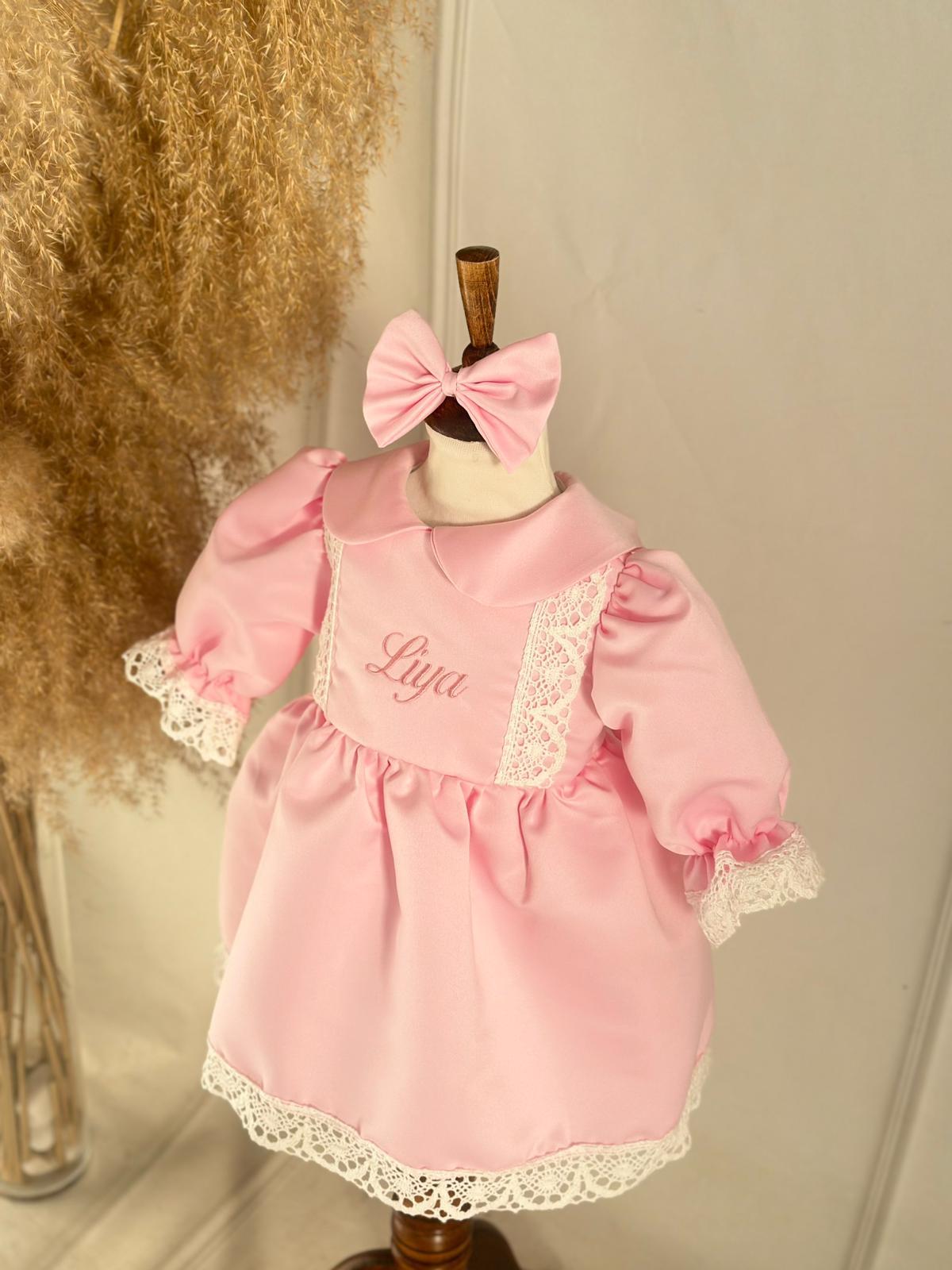 White Lace Pink Personalized Name-Embroidered Dress Set