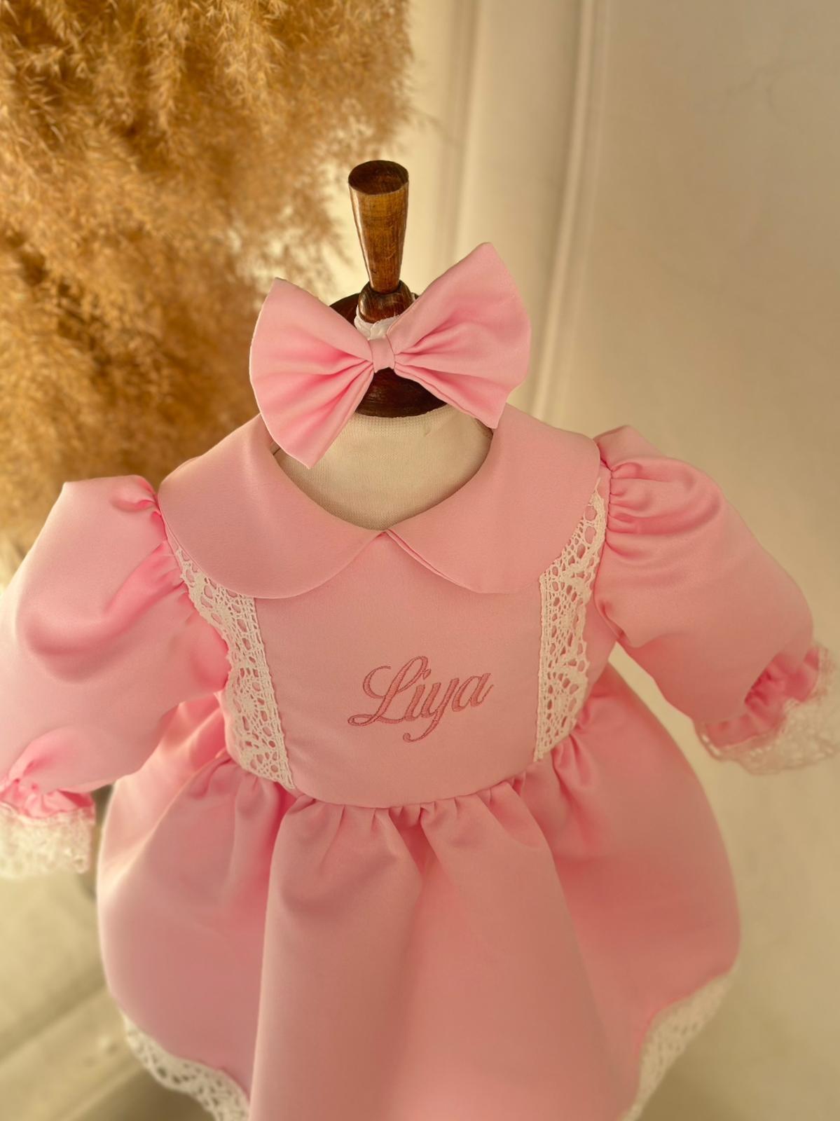 White Lace Pink Personalized Name-Embroidered Dress Set