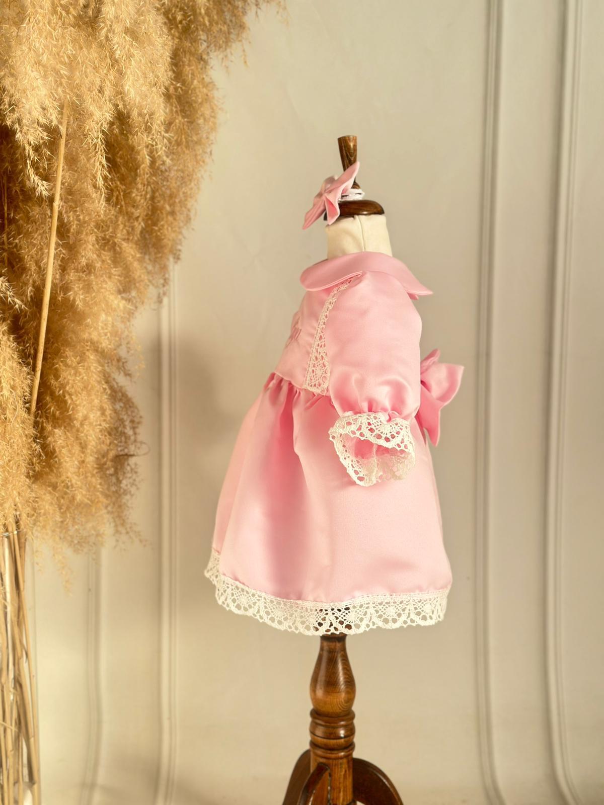 White Lace Pink Personalized Name-Embroidered Dress Set