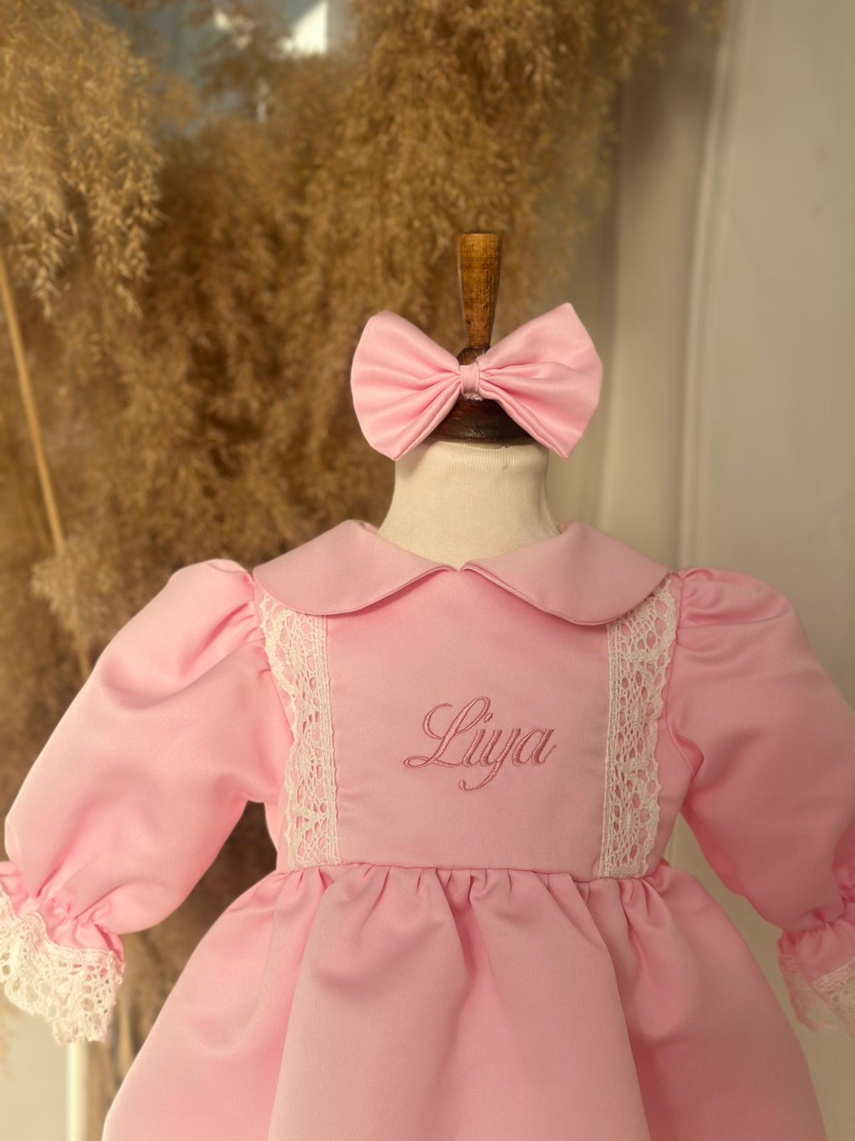 White Lace Pink Personalized Name-Embroidered Dress Set