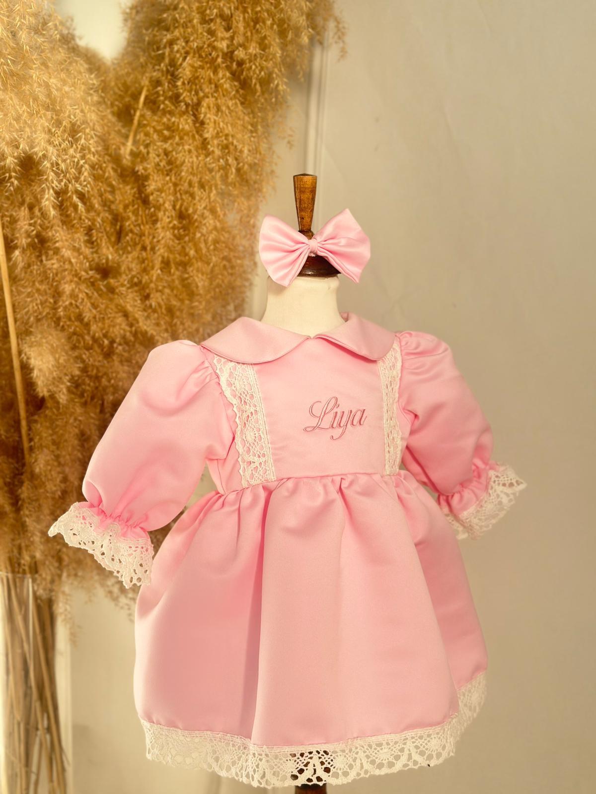 White Lace Pink Personalized Name-Embroidered Dress Set
