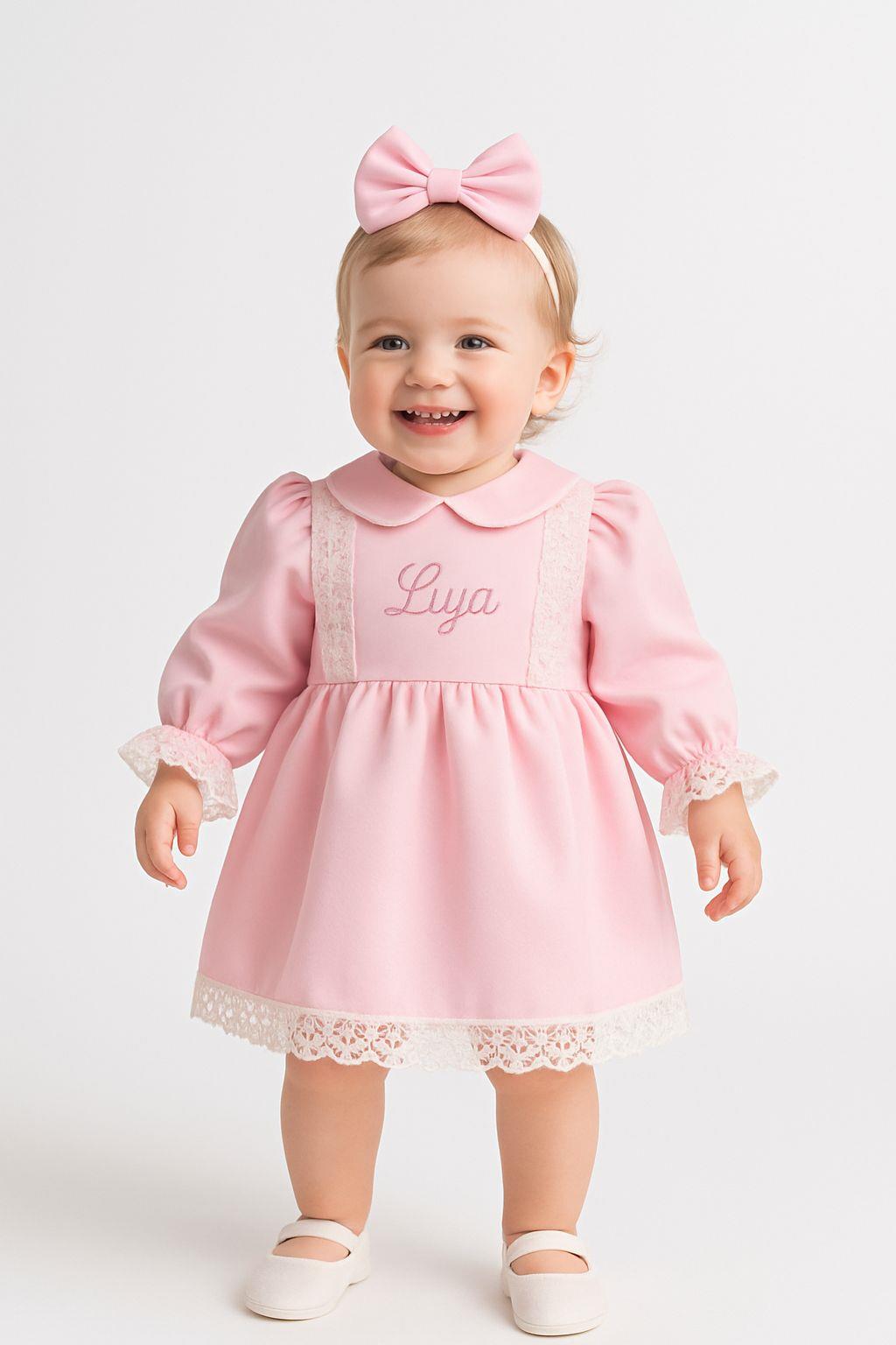 White Lace Pink Personalized Name-Embroidered Dress Set
