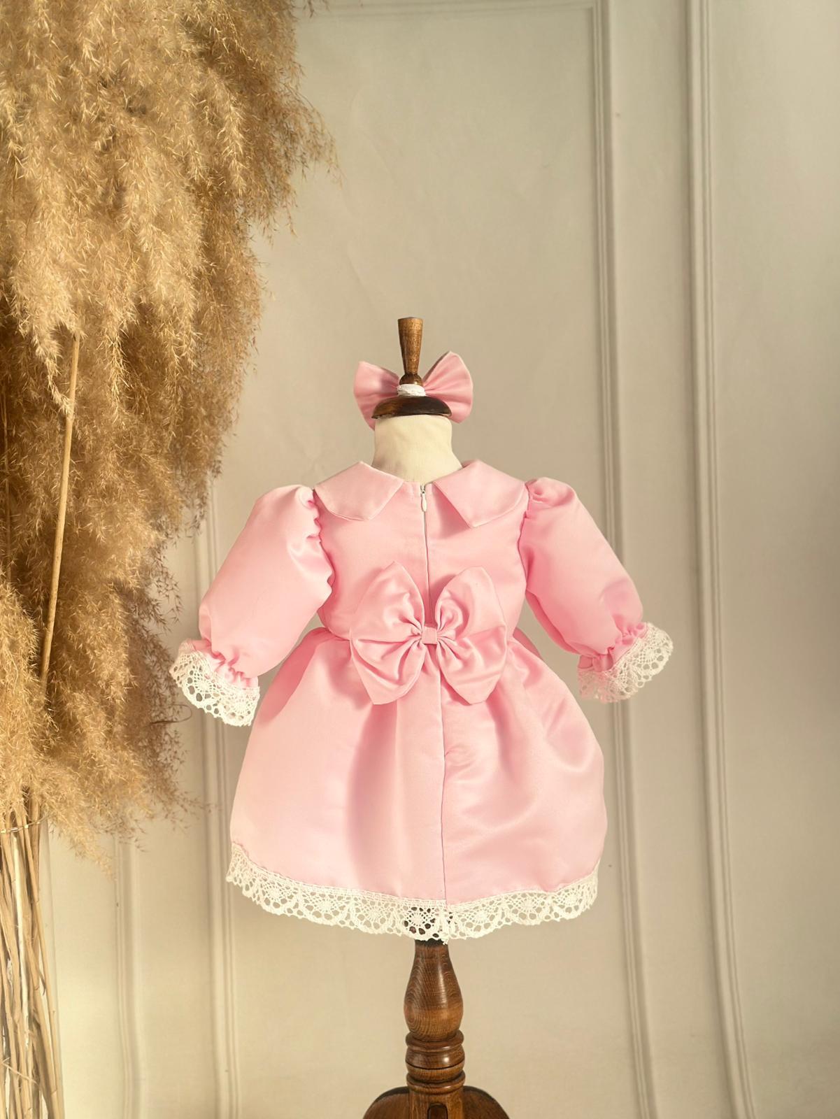 White Lace Pink Personalized Name-Embroidered Dress Set